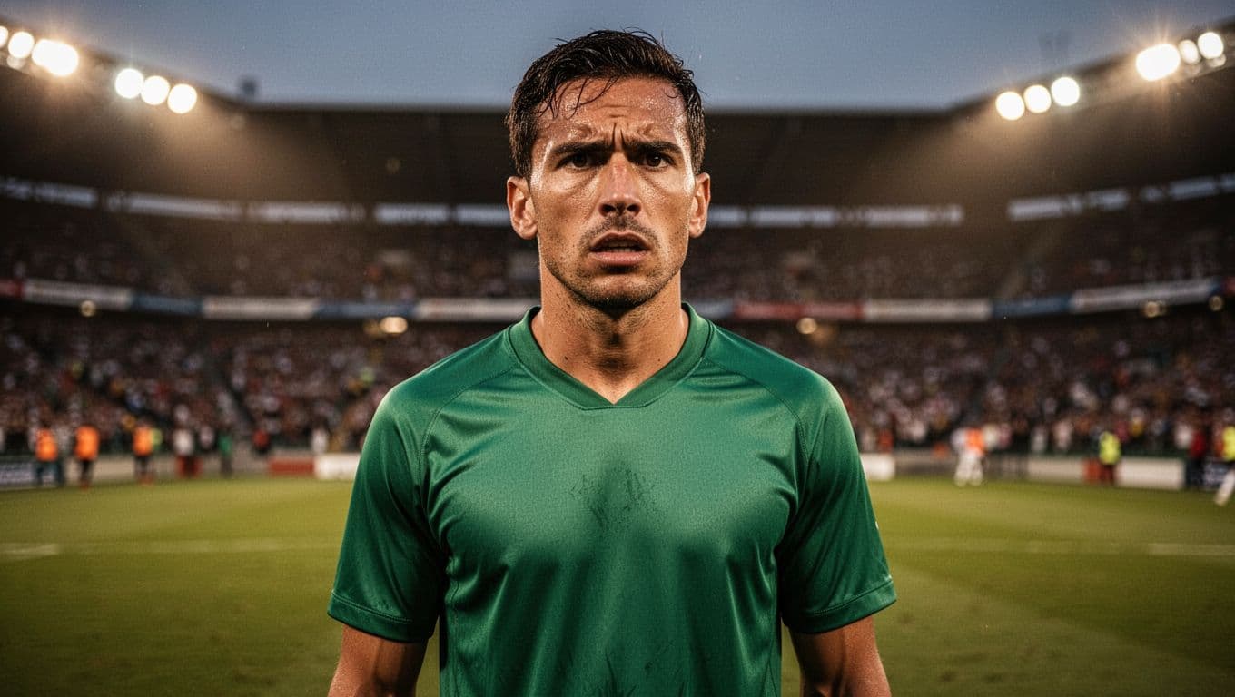 A determined athlete in a green jersey stands on the natural grass field of a stadium. Bright evening floodlights illuminate his intense expression while the stadium crowd remains blurred behind him.