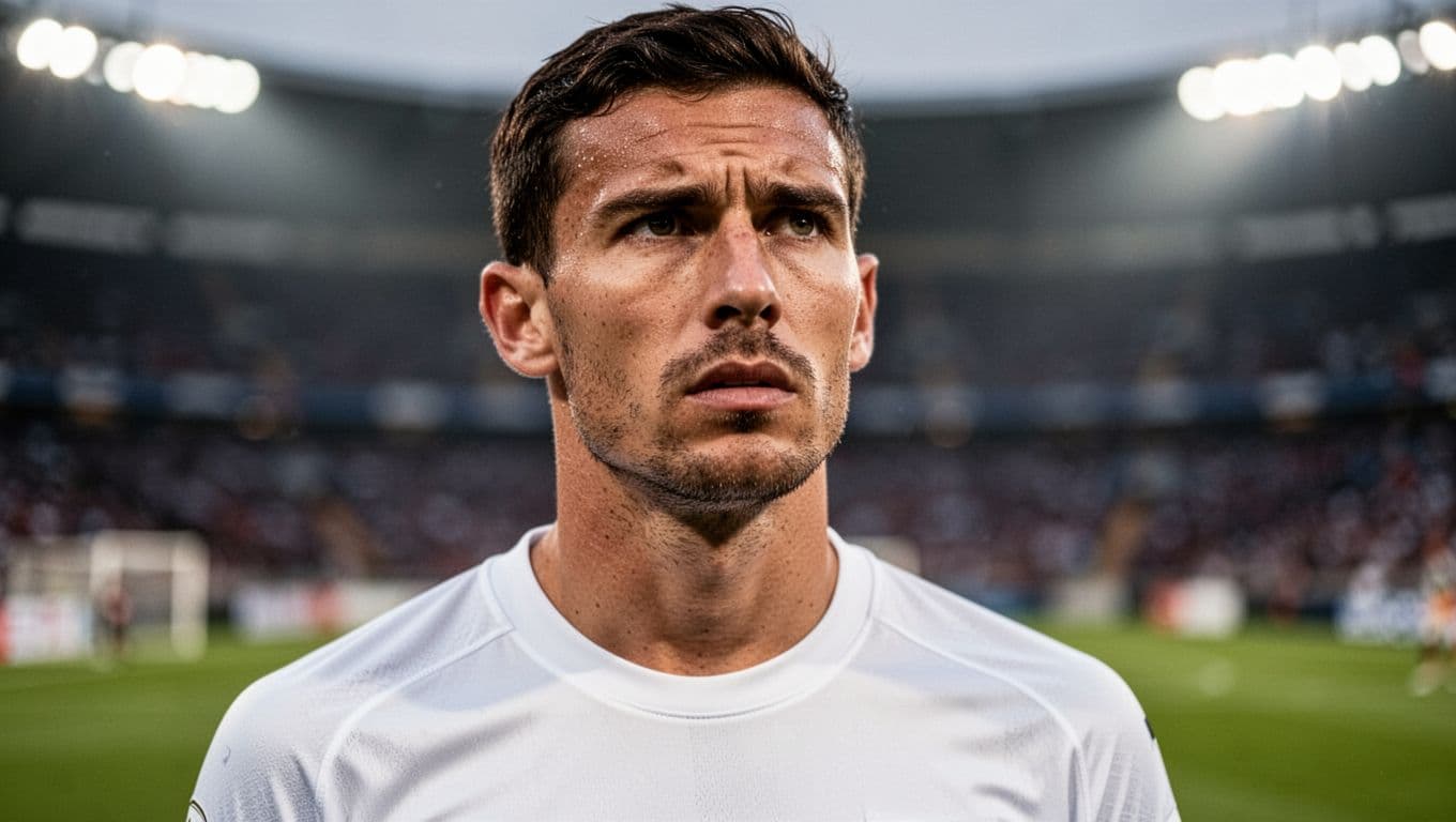 A determined soccer player in a plain white jersey stares intensely across the pitch. Soft stadium lights create a glowing, blurred background that emphasizes the athlete's concentration and competitive drive.