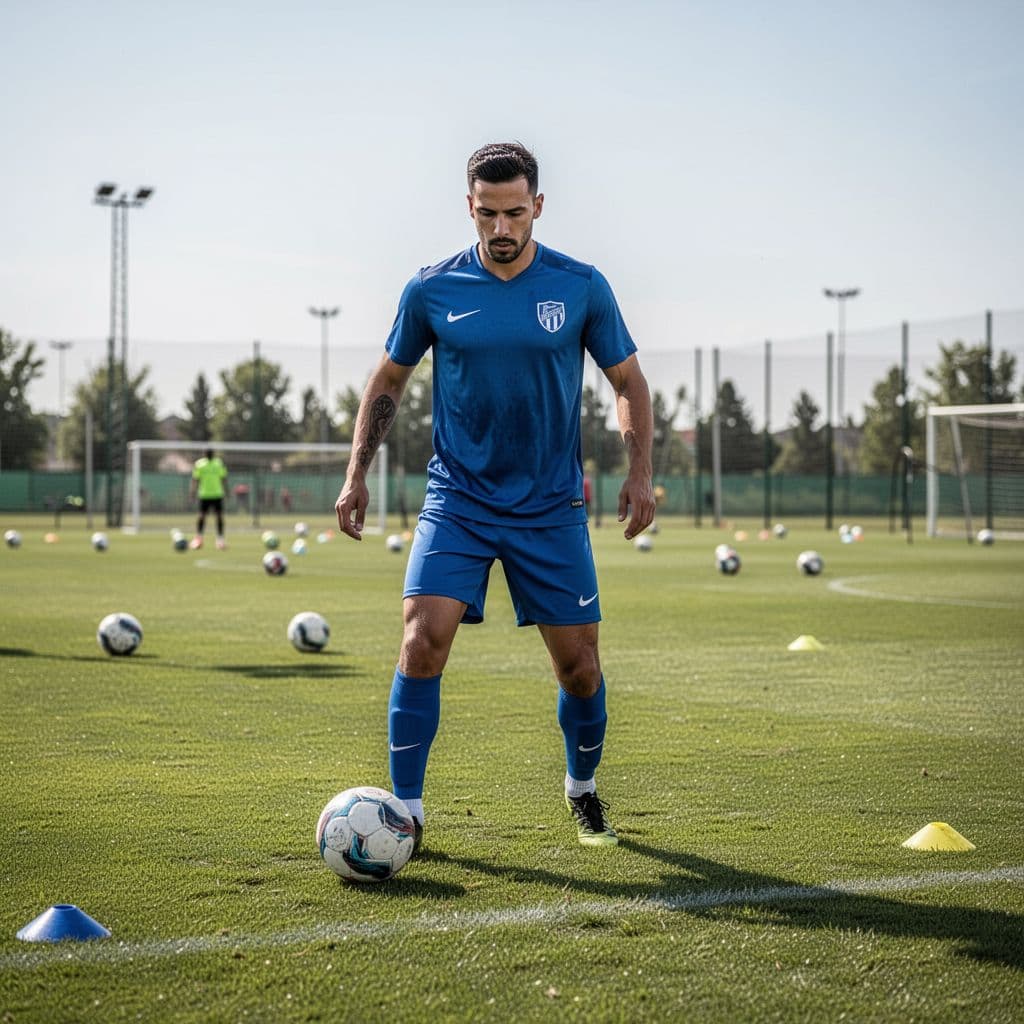 A focused soccer player trains on a well-maintained grass field under a clear blue sky.