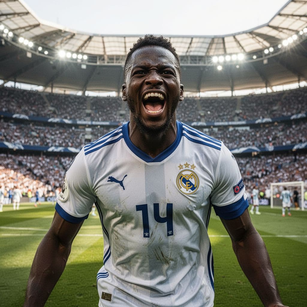Pemain sepak bola berkulit gelap mengenakan seragam putih biru merayakan gol dengan penuh semangat. Stadion hijau di belakangnya terlihat megah dengan tribun penuh penonton di bawah cahaya matahari yang cerah.
