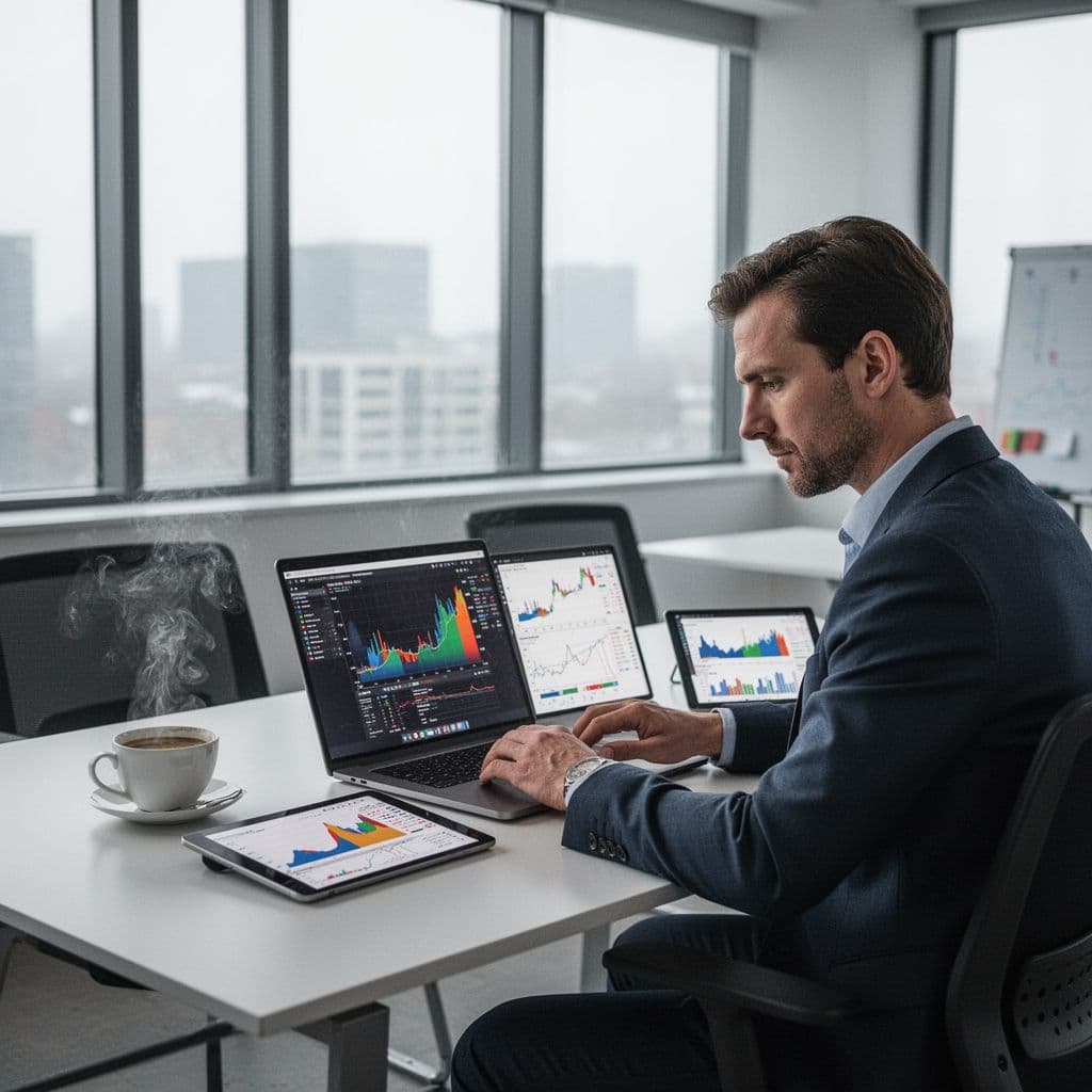 Professional sports analyst at modern office desk with laptop, tablet showing graphs, and coffee cup.