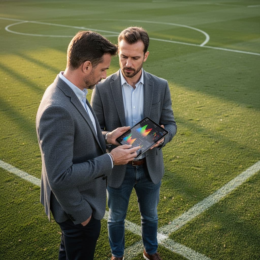 A professional analyst reviews player performance statistics on a tablet with a football pitch background.