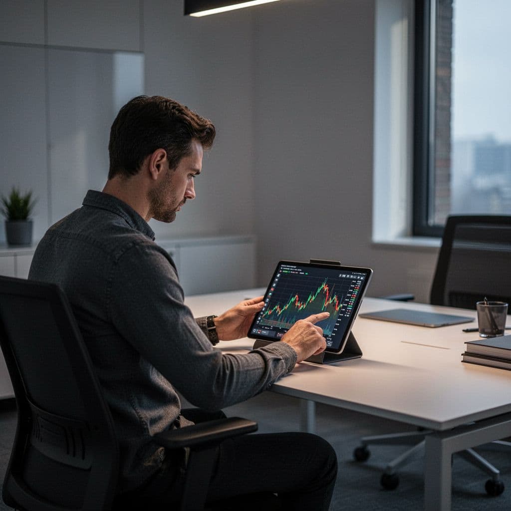 A professional analyst reviews performance graphs on a digital tablet in a modern quiet office.