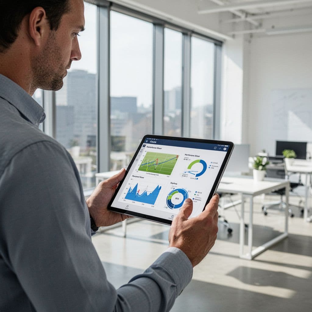 Professional analyst views simplified performance charts on a tablet in a bright modern office.