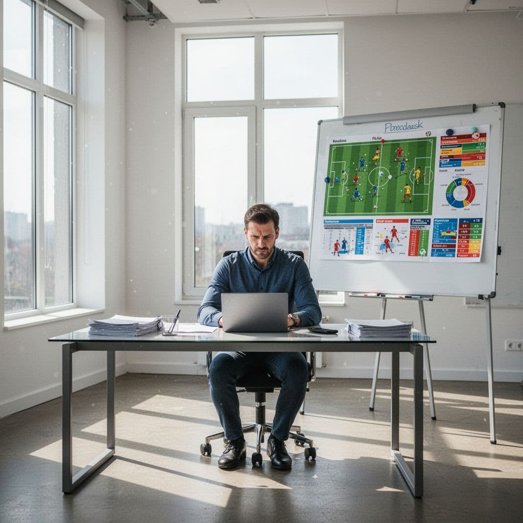 A focused football analyst reviews match statistics on a laptop and whiteboard in a bright office.