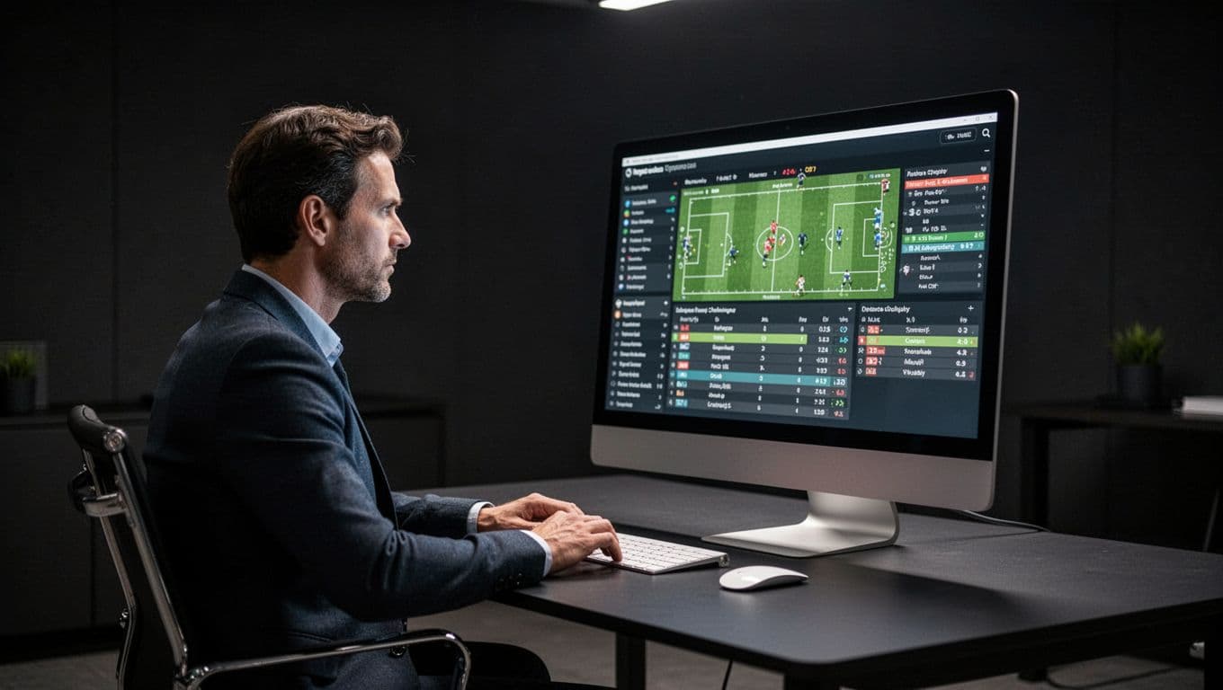 A dedicated analyst sits in a dimly lit office, intently reviewing detailed football match data displayed on a glowing computer screen. The cinematic lighting creates focused highlights on the interface.