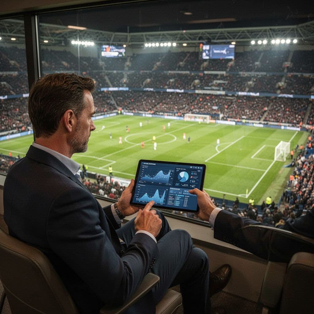 A focused professional analyst stands inside a luxury stadium skybox, holding a tablet that displays colorful tactical data charts. Through the large glass window, the green football pitch lies below.