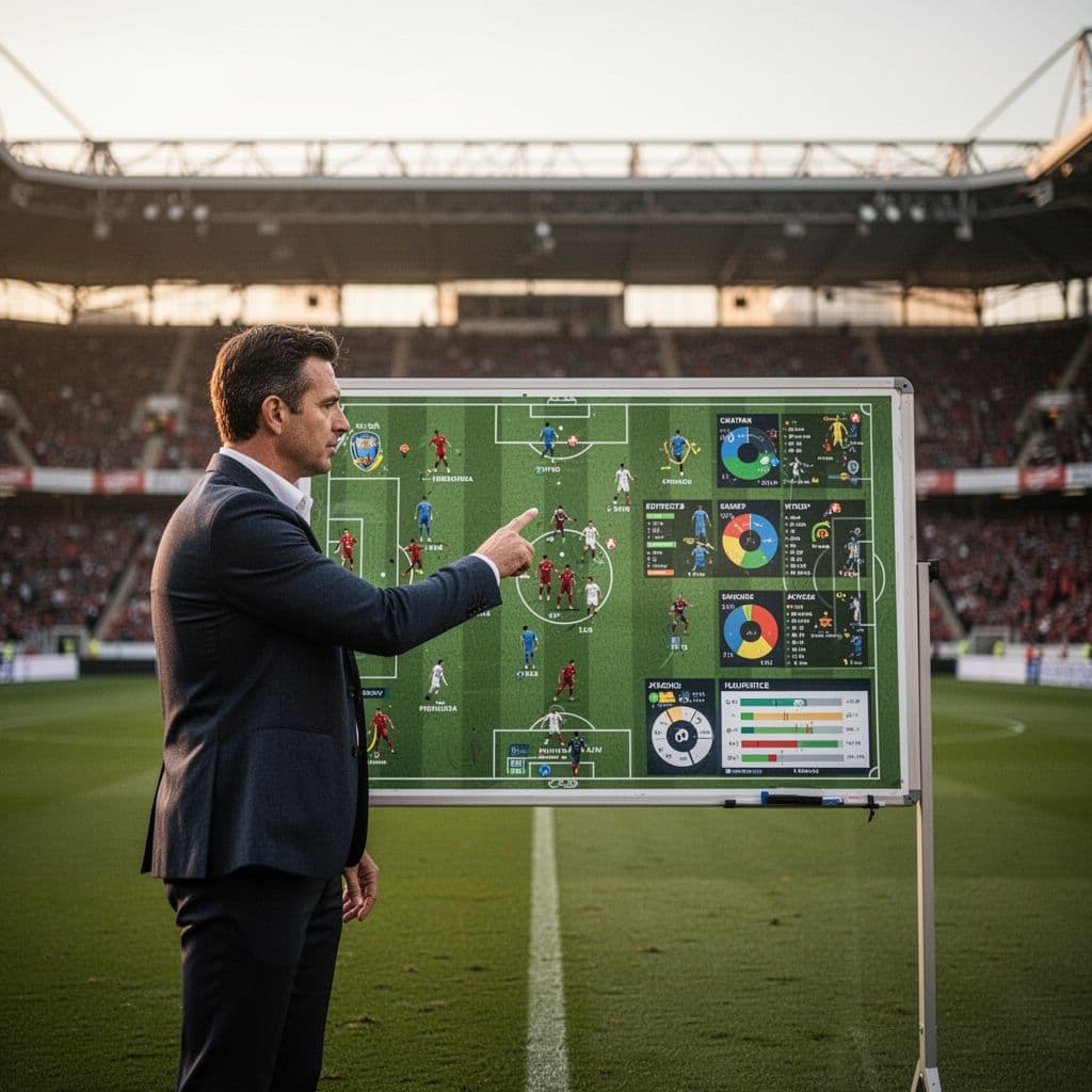 Football analyst points at tactics board displaying match statistics, blurred stadium in background under afternoon light.