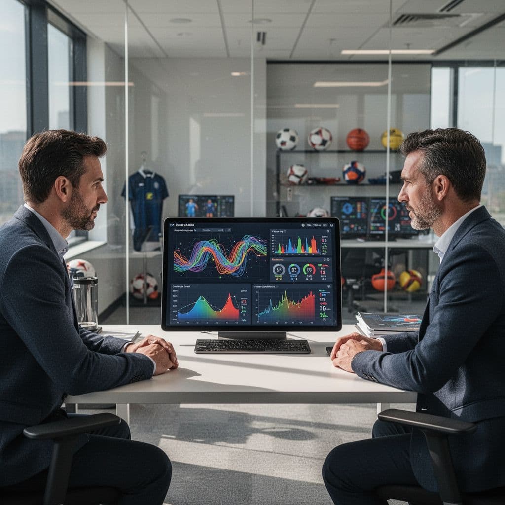 Two professional analysts review team statistics on a digital tablet in a modern office.