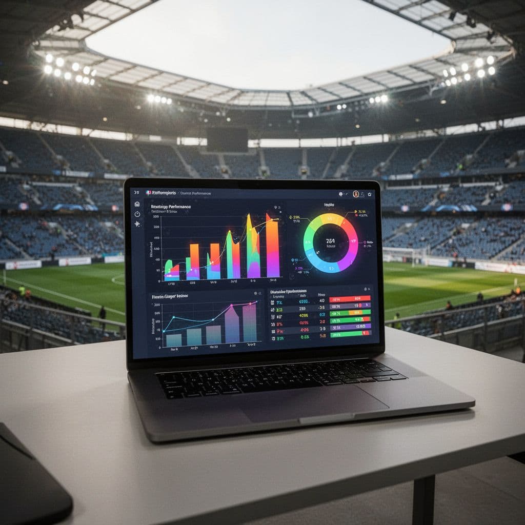 Laptop screen shows bar and pie charts of player performance and match stats on stadium background.