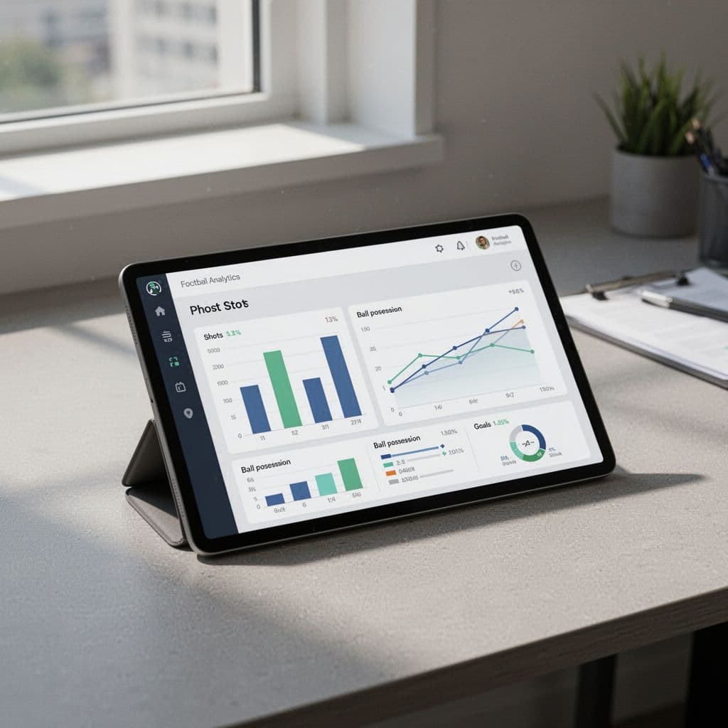 Tablet on office desk shows minimalist charts for shots, possession, and goals.