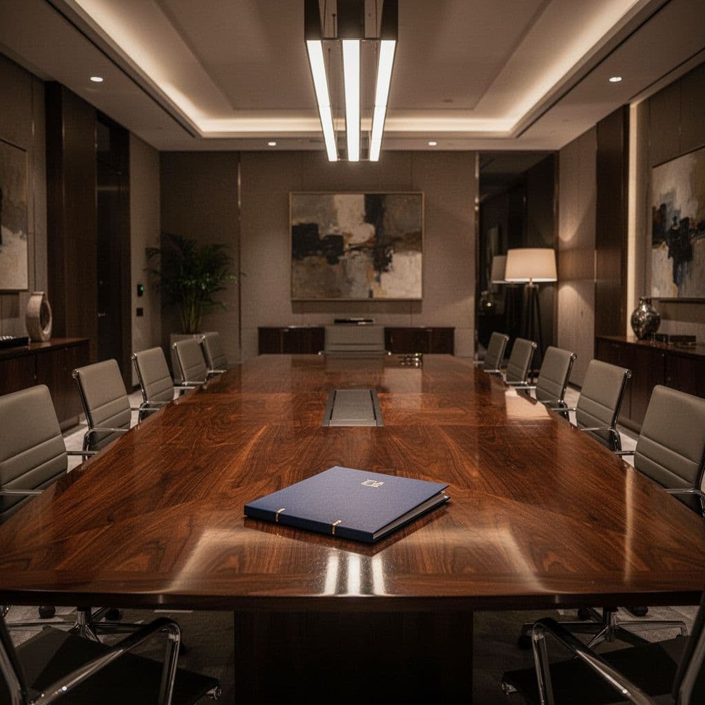 A polished wooden table sits in a dimly lit boardroom, illuminated by warm overhead lights. A single leather folder rests on the table, suggesting a recent high-stakes transfer negotiation.