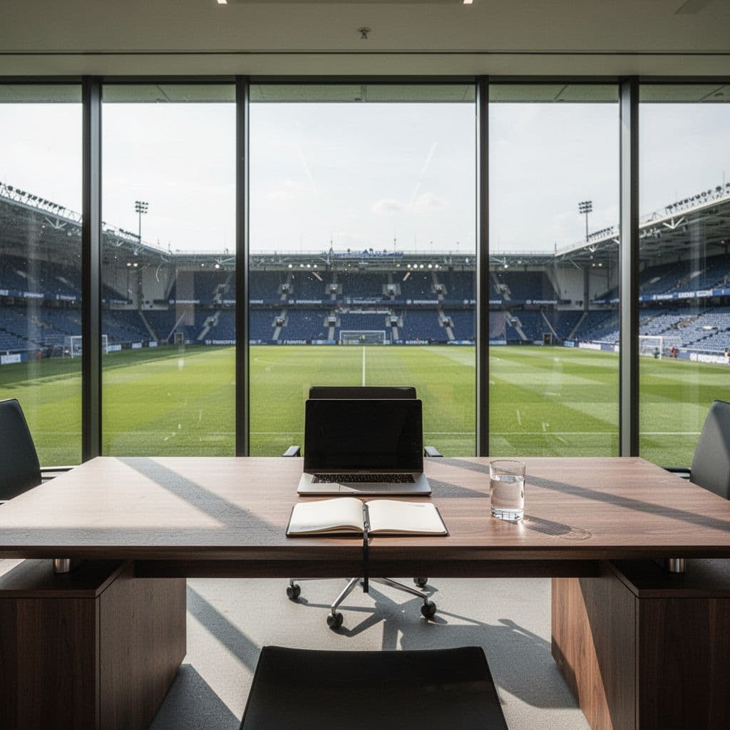 A sleek minimalist office features a dark wood desk holding a thin laptop, a notepad, and a glass of water. Expansive windows frame a pristine, vibrant green stadium pitch under daylight.