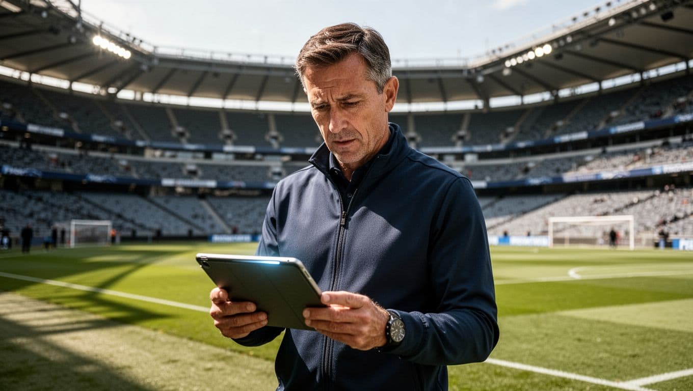 A professional football coach in a team jacket stands on the sideline while closely examining tactical data on a digital tablet. The blurred stadium stands provide a vibrant, professional backdrop.