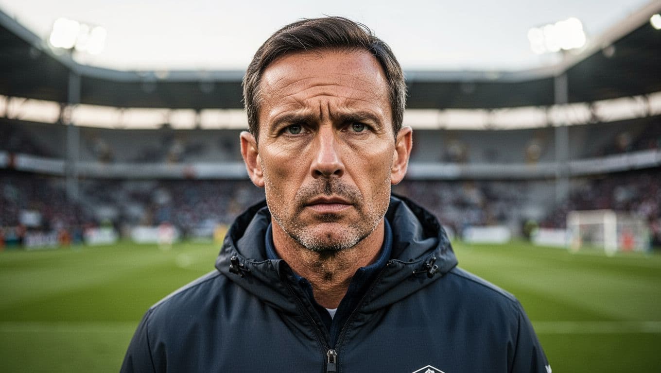 A focused football coach stands on the sidelines observing movement patterns during a high-stakes match.
