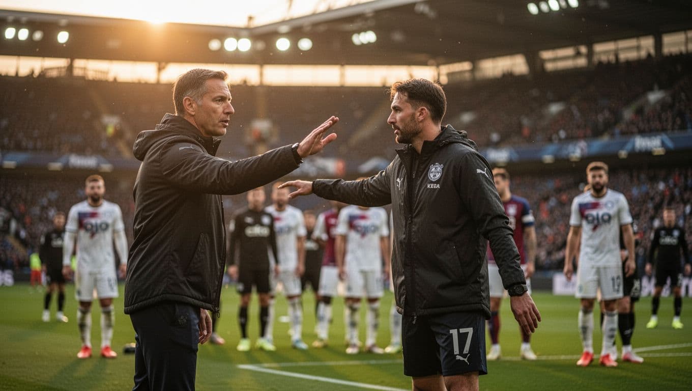 A coach gestures to his team from the sidelines during a sunset professional football match.