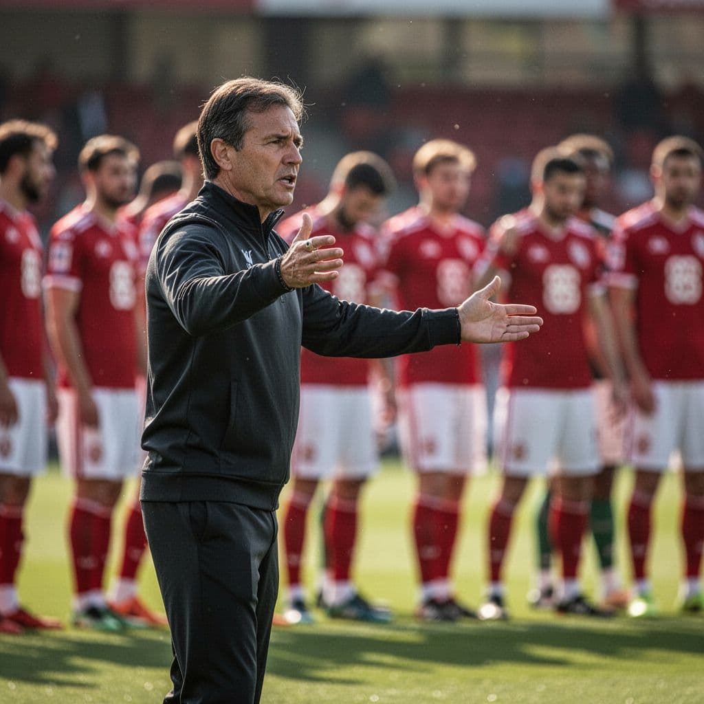 A football coach stands on the sidelines gesturing intently while players train in the blurred background.