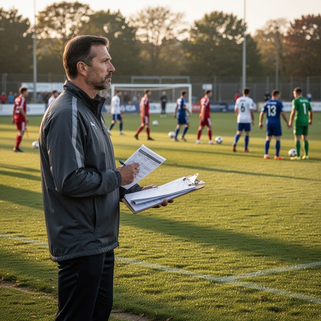 A focused football coach observes players on the pitch while holding a tactical clipboard during afternoon light.