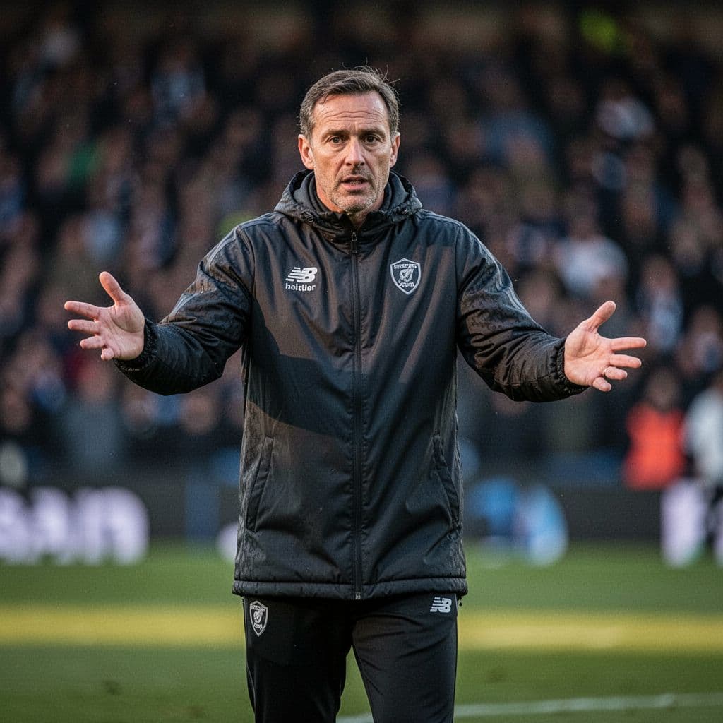 Football coach in dark jacket gestures instructions on sidelines with focused expression in dusk-lit stadium.