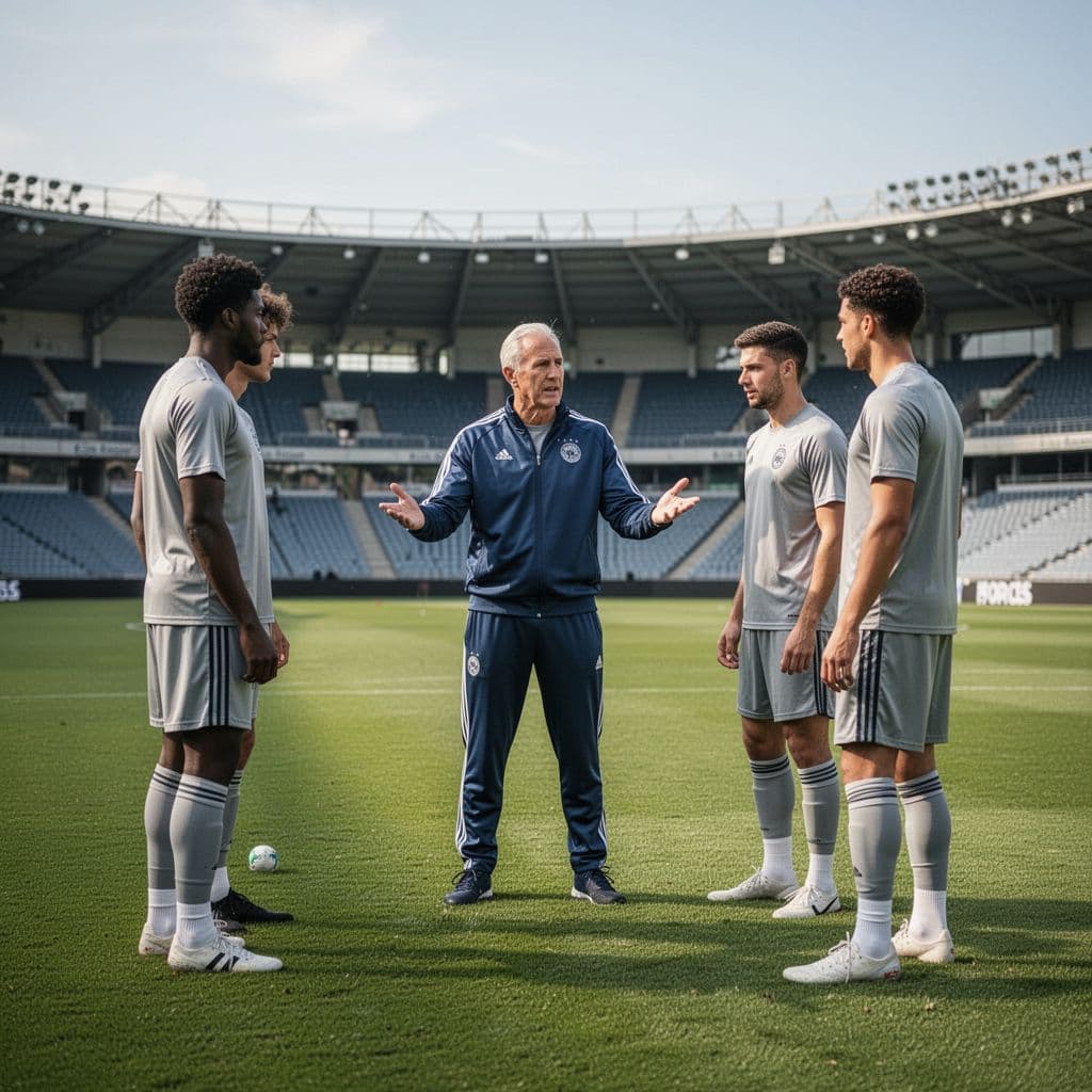 Football coach in tracksuit gestures to two players on green grass field with stadium background.