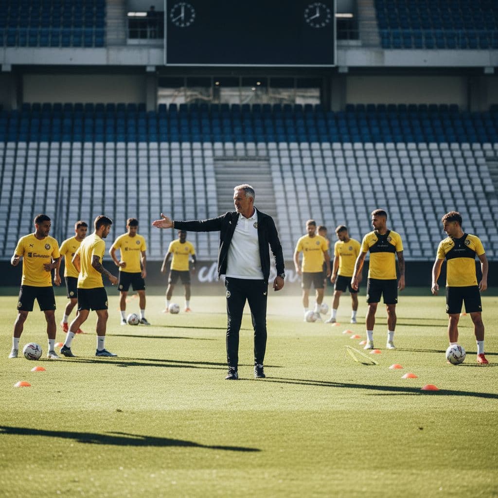 A professional football coach stands on a sunny training field while instructing focused players during drills.