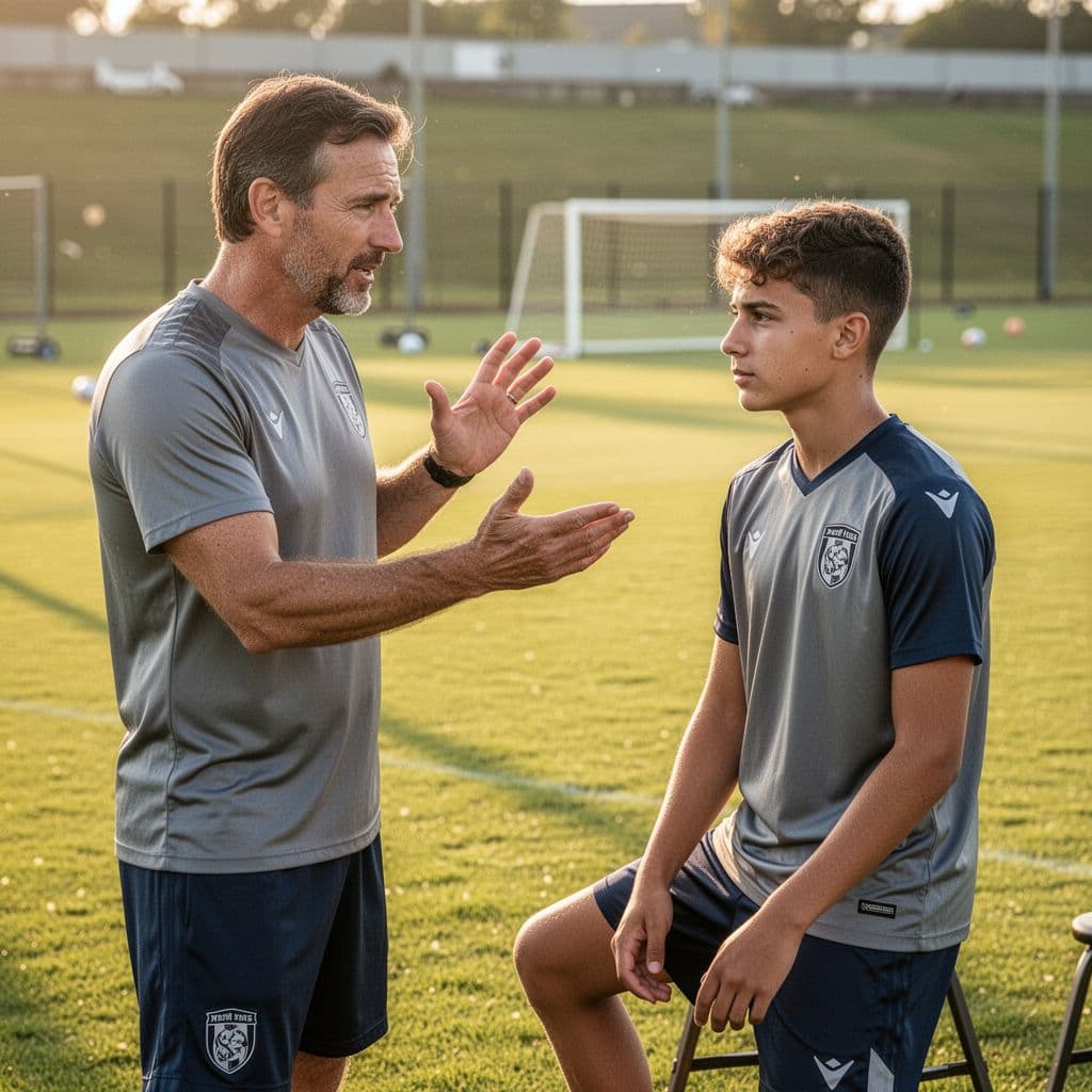 A soccer coach gestures while talking to a young player on a sunny training pitch.