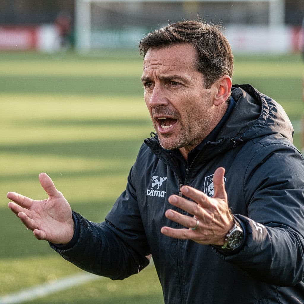 A focused football coach gestures from the sidelines with a blurred stadium pitch in the background.