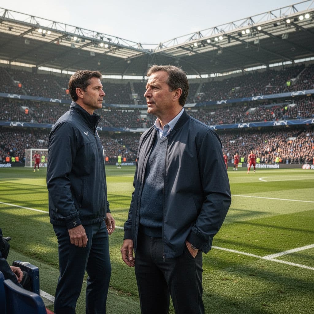A football coach observes the game from the sideline in a professional stadium.