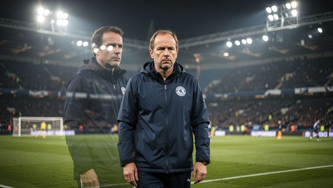 A football coach stands on the sideline at a floodlit stadium with a focused expression.