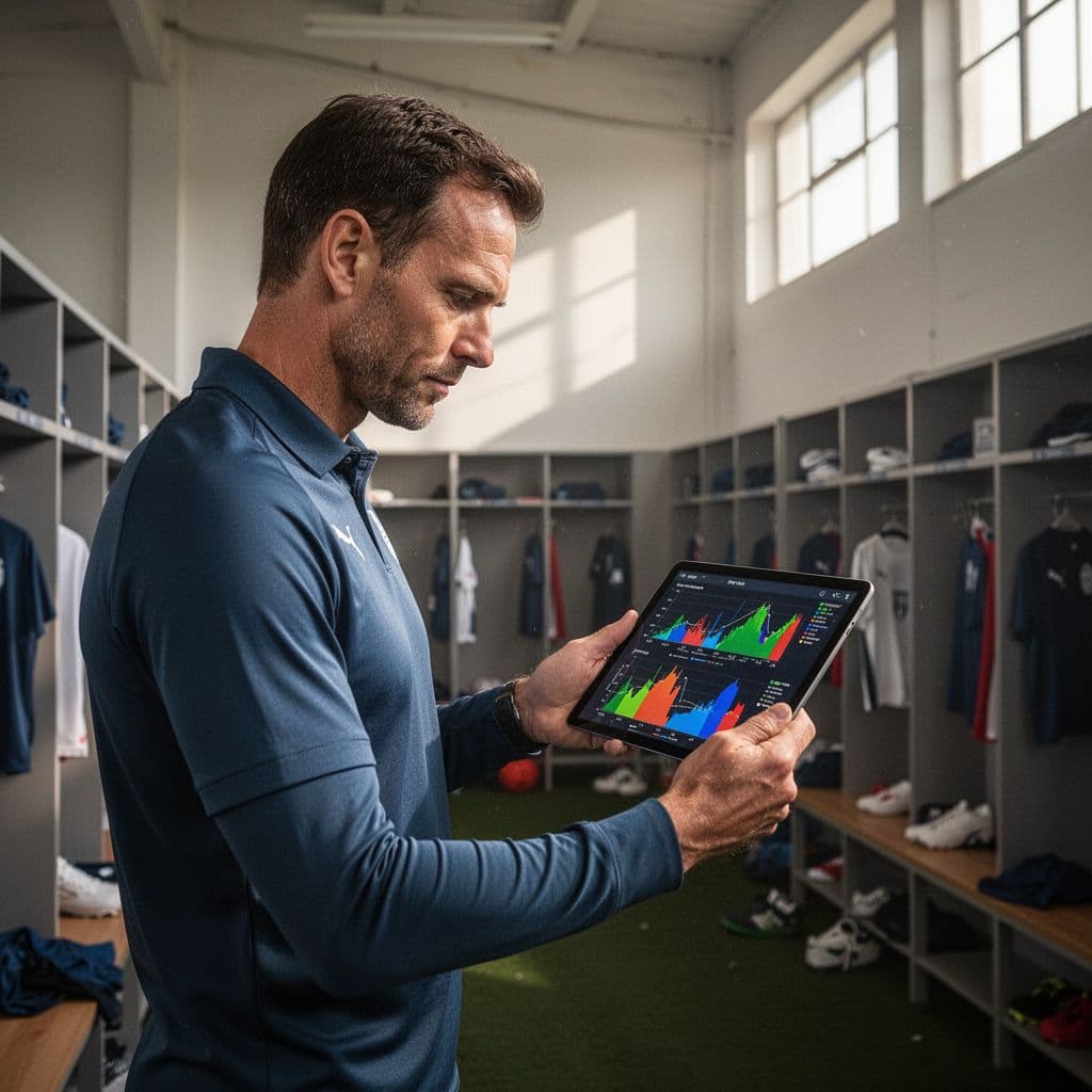 Football coach examines abstract performance charts on a tablet in a stadium locker room.