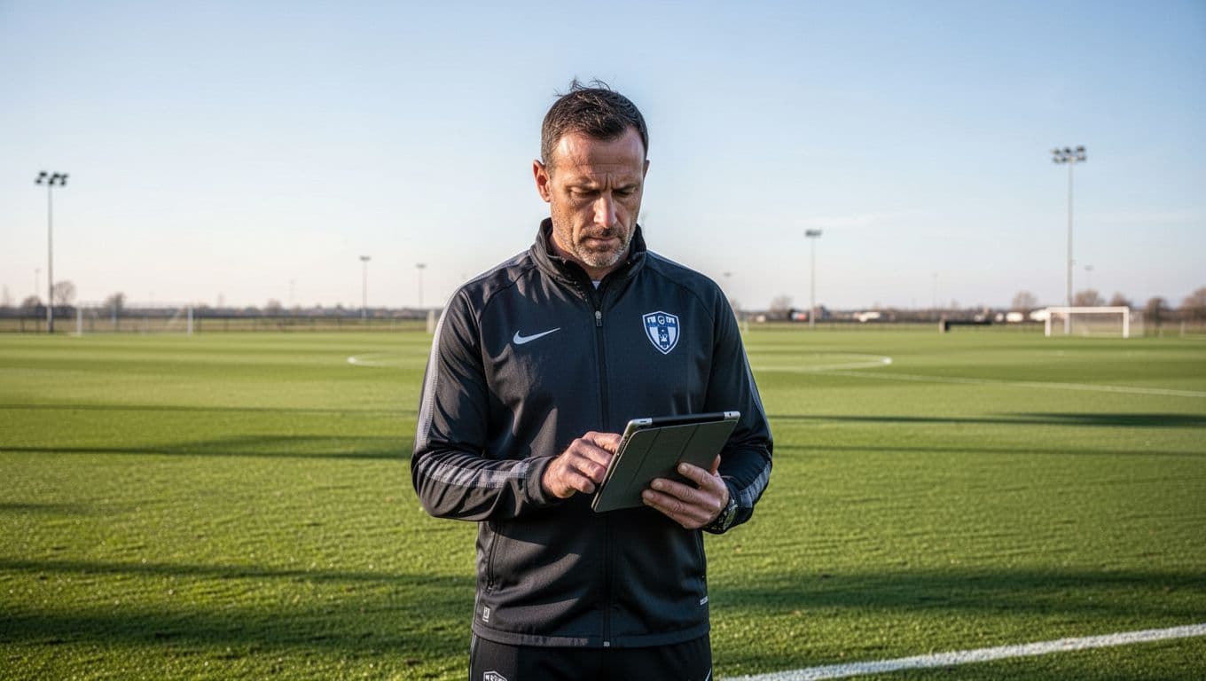 Focused coach stands on green football field examining digital tablet.