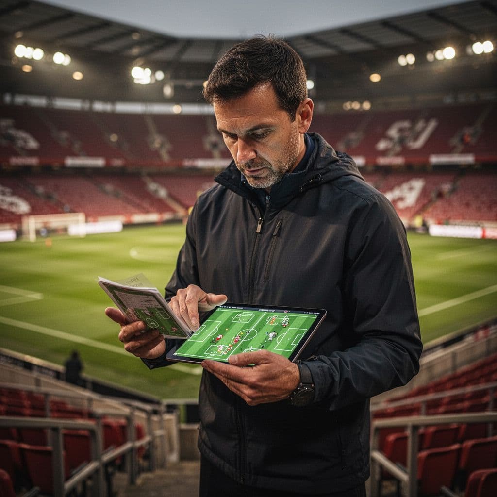 A focused coach examines digital diagrams on a handheld tablet while standing on the sidelines. The lush green grass of a stadium pitch remains softly blurred in the deep background.