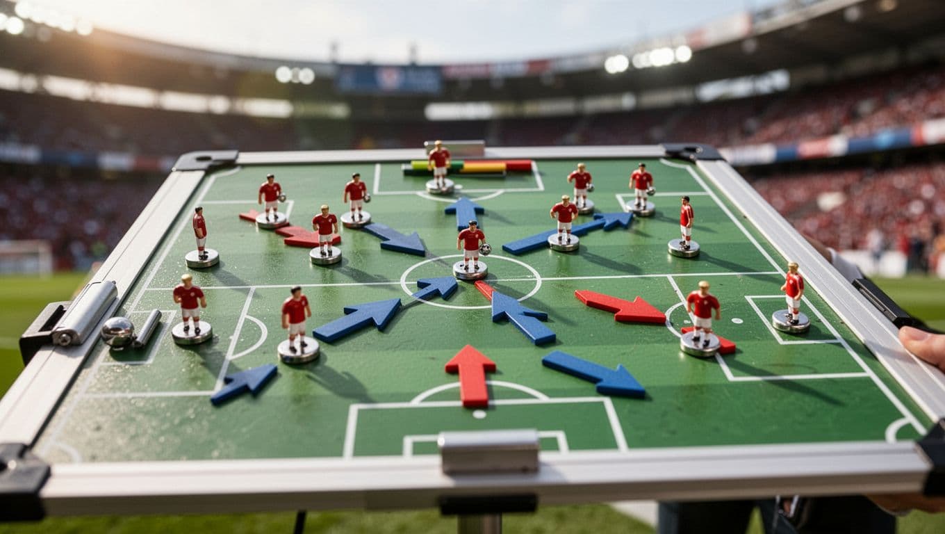 Close-up of tactical board with magnetic pieces in football formation, blurred stadium background.