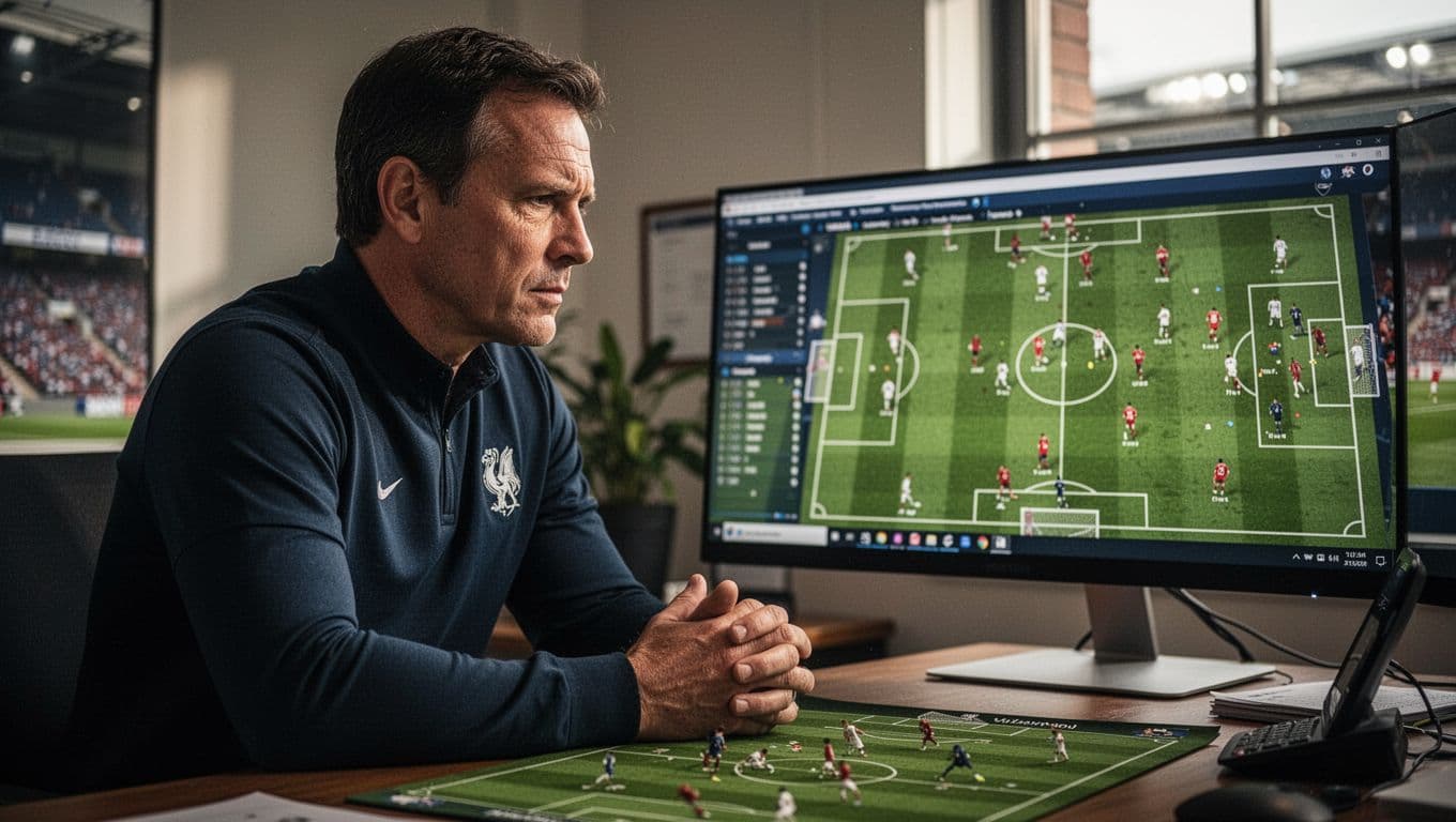Close-up of a professional football coach intently viewing a digital tactical board in a stadium office.