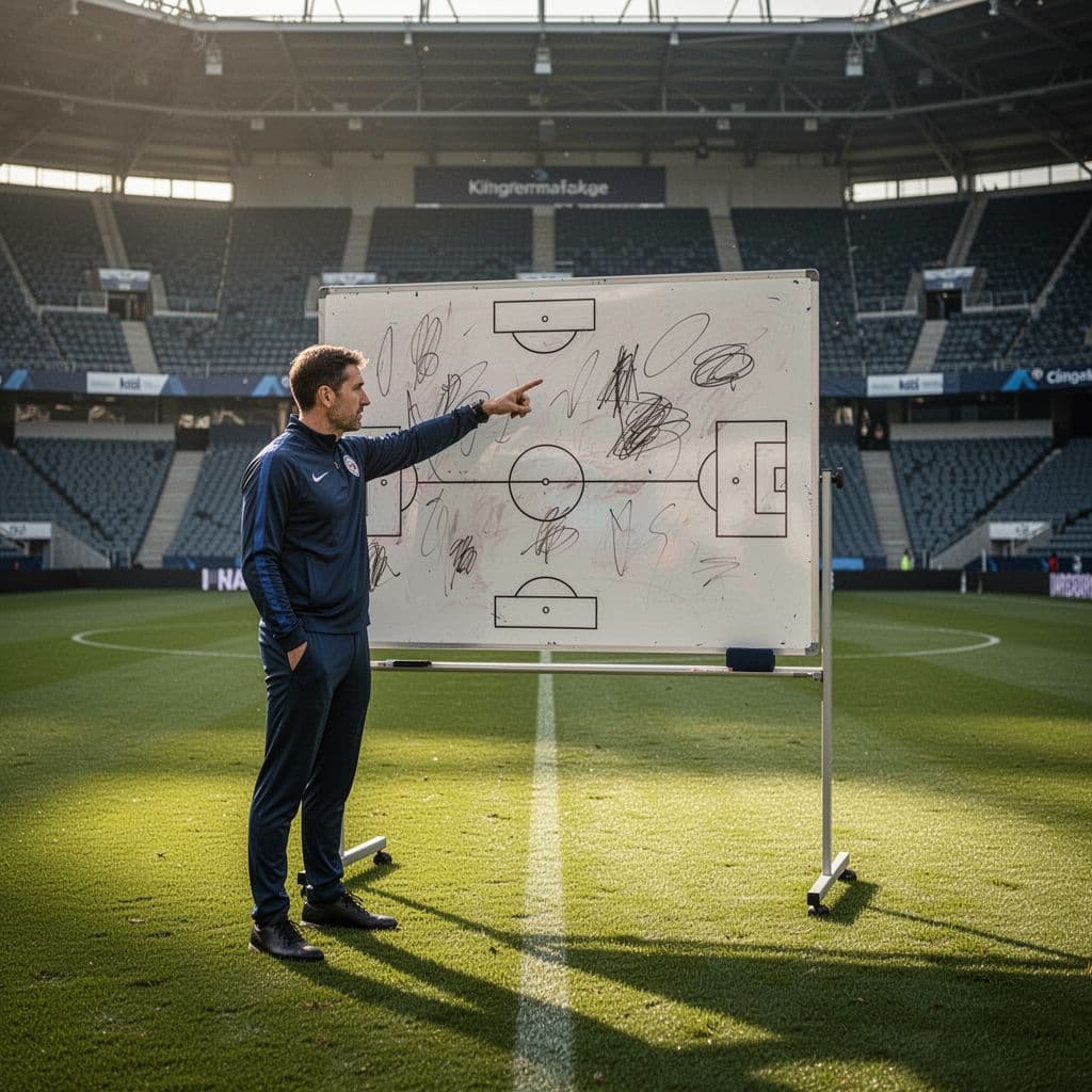A football coach points at a whiteboard with vague markings in an empty stadium.
