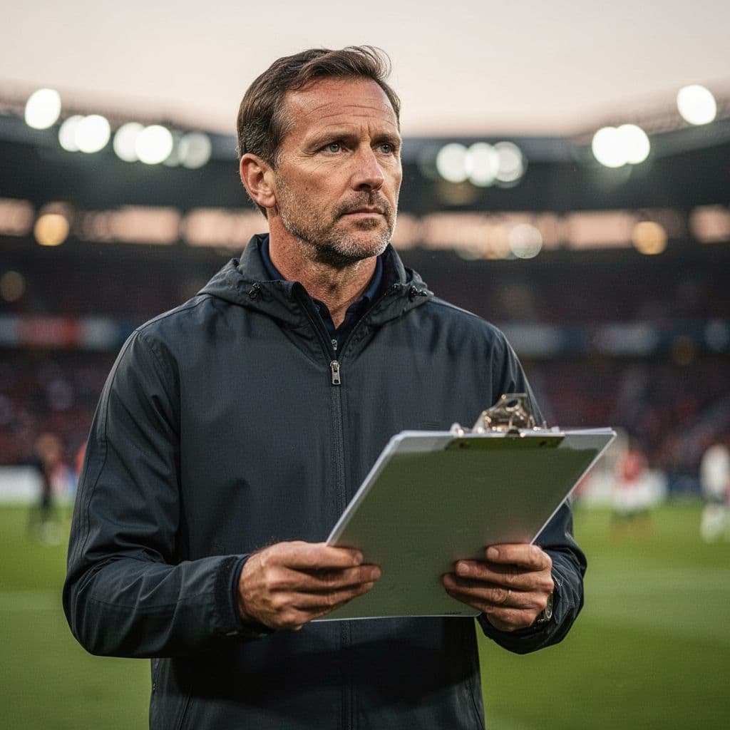 Close-up of football coach gripping tactical clipboard on pitch, blurred stadium lights behind.