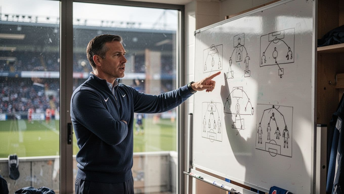 A football coach points to formation diagrams on a whiteboard inside a team locker room.