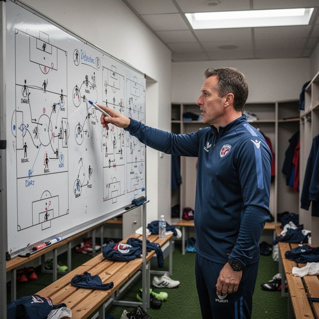 A football coach points to tactical formations drawn on a whiteboard inside a sports locker room.