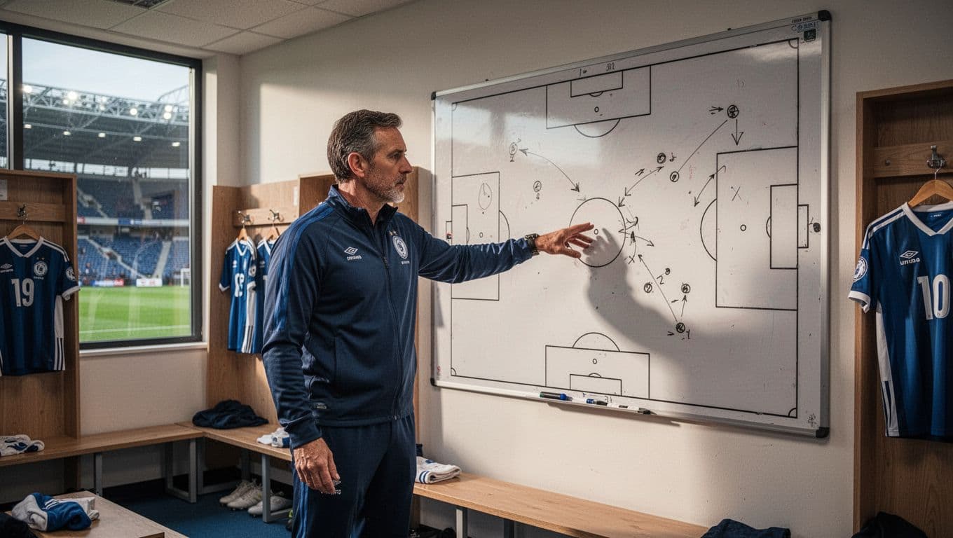 A focused coach stands in a modern stadium locker room, gesturing toward a large whiteboard covered in tactical diagrams. Warm light illuminates his intense expression while he maps out team formations.