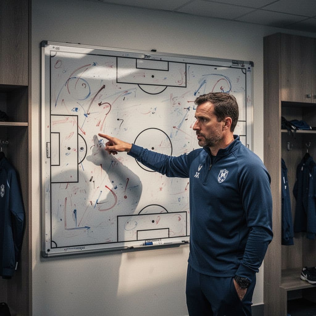 A focused football coach stands in a locker room pointing at a blank tactical board.