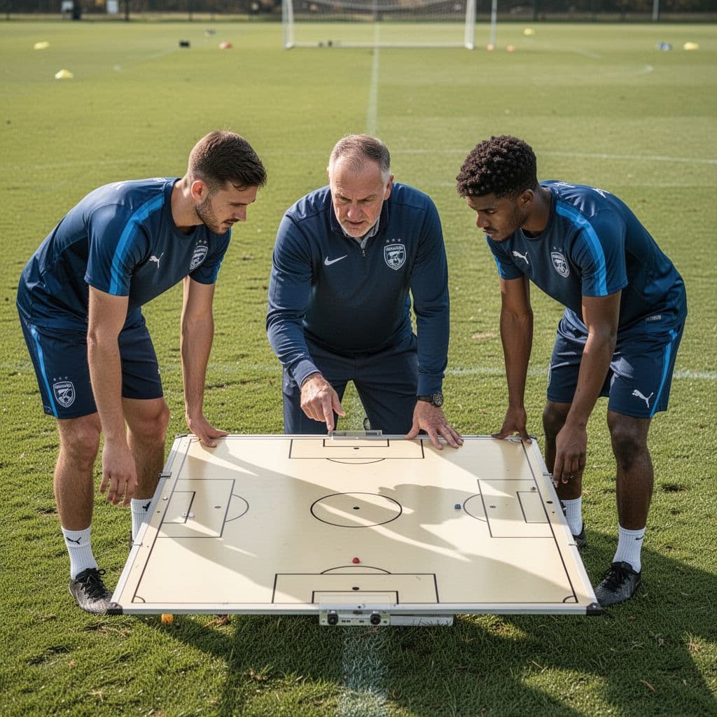 A focused coach stands on a grass pitch explaining a game strategy to two attentive players. They gather closely around a portable magnetic board displaying team formations and player positions.