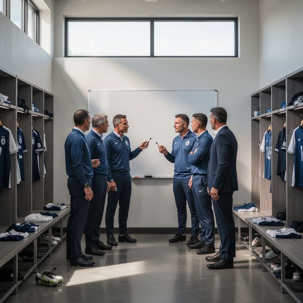 Coaches gathered around a whiteboard in a modern locker room, one holding a marker.