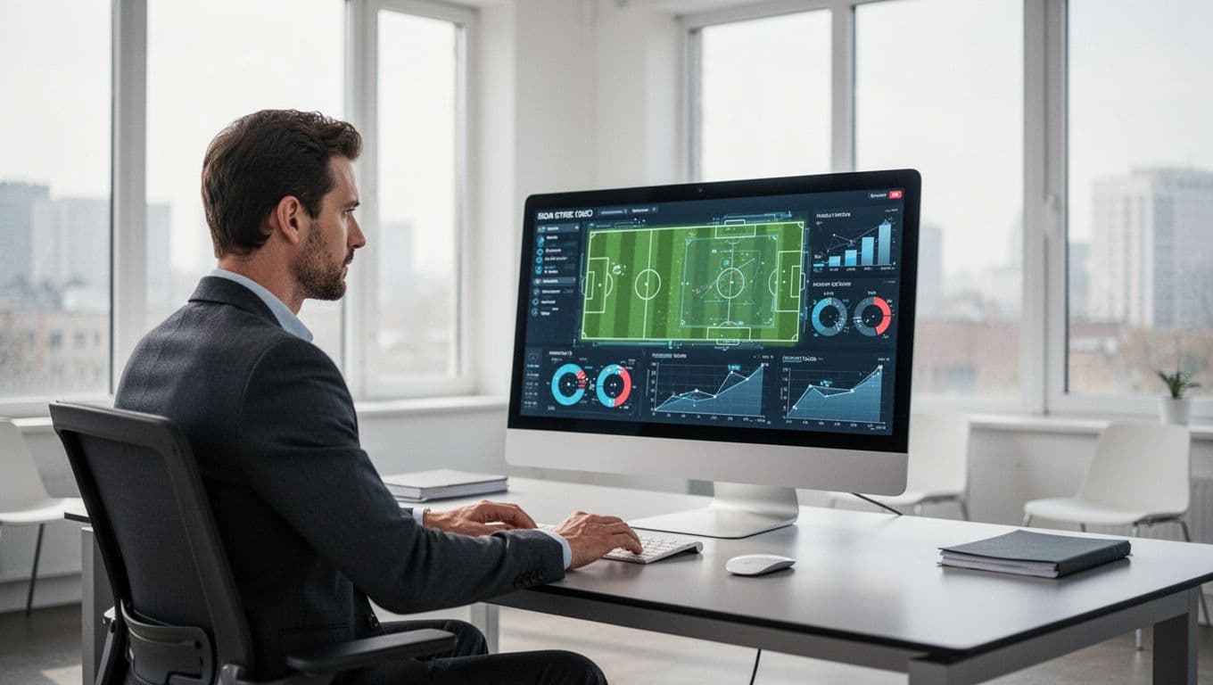 An analyst sits at a desk viewing complex soccer performance metrics and statistical charts on a monitor. The bright office setting features soft lighting that emphasizes a focused, professional workspace atmosphere.