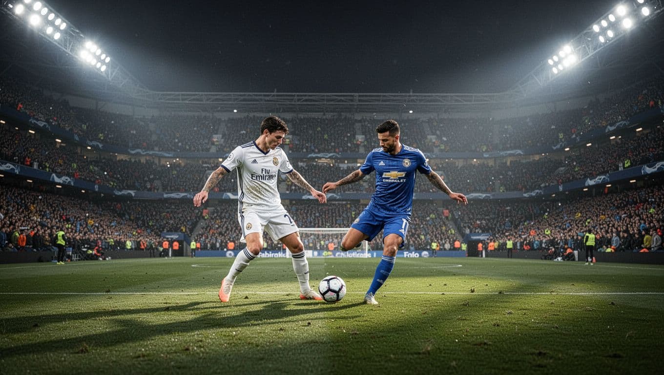 Two players challenge for the ball amid packed night stadium with dramatic lights.