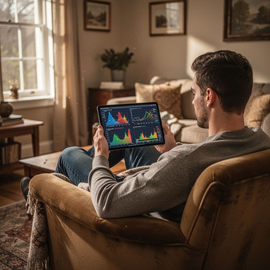 A person sits in a cozy living room while reviewing football statistics on a tablet.