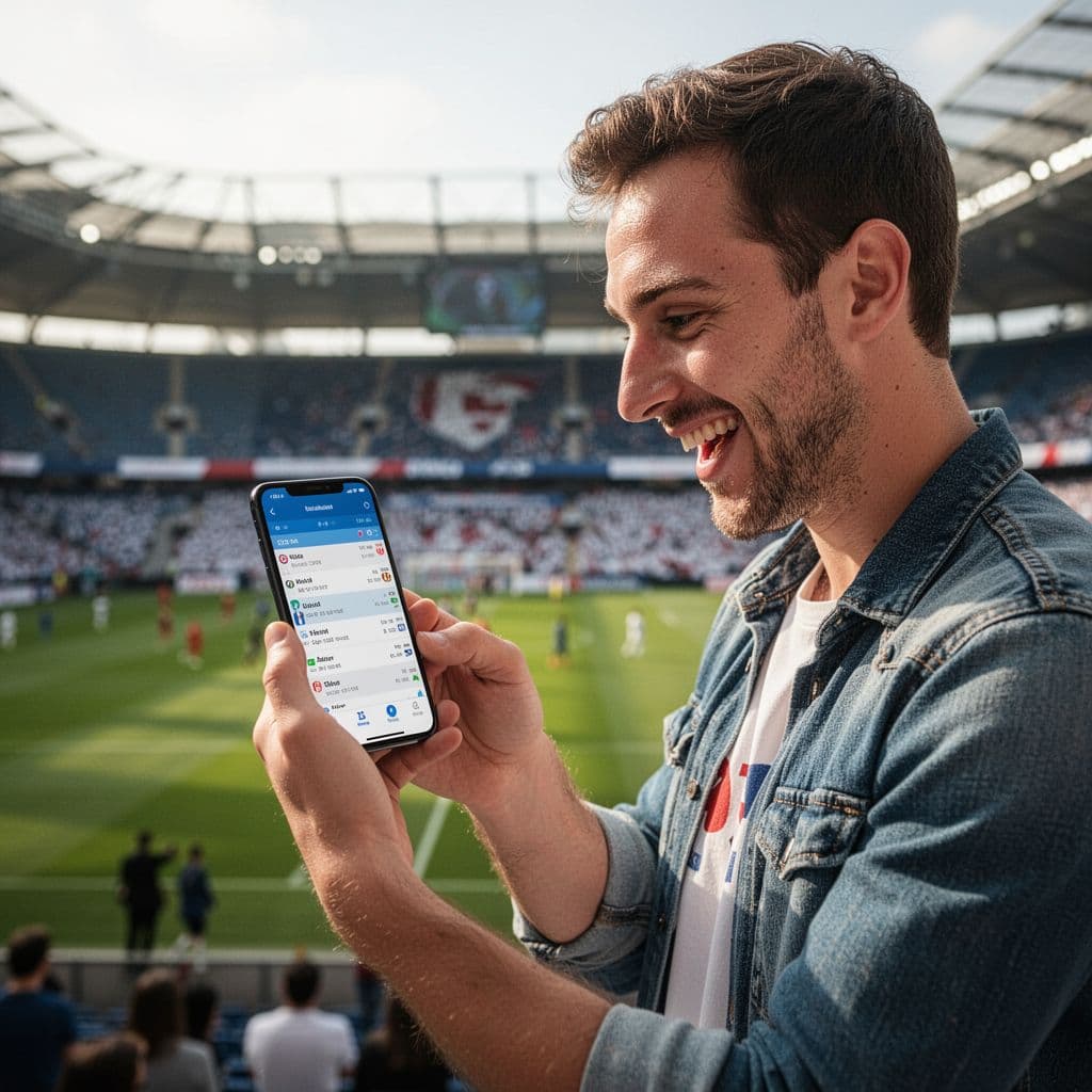 An enthusiastic man in casual clothing looks at his smartphone with a stadium blurred in the background.