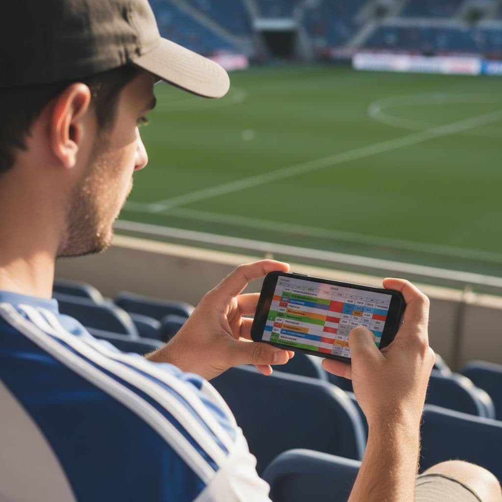 A football fan sits in stadium bleachers looking at a match schedule on a smartphone.