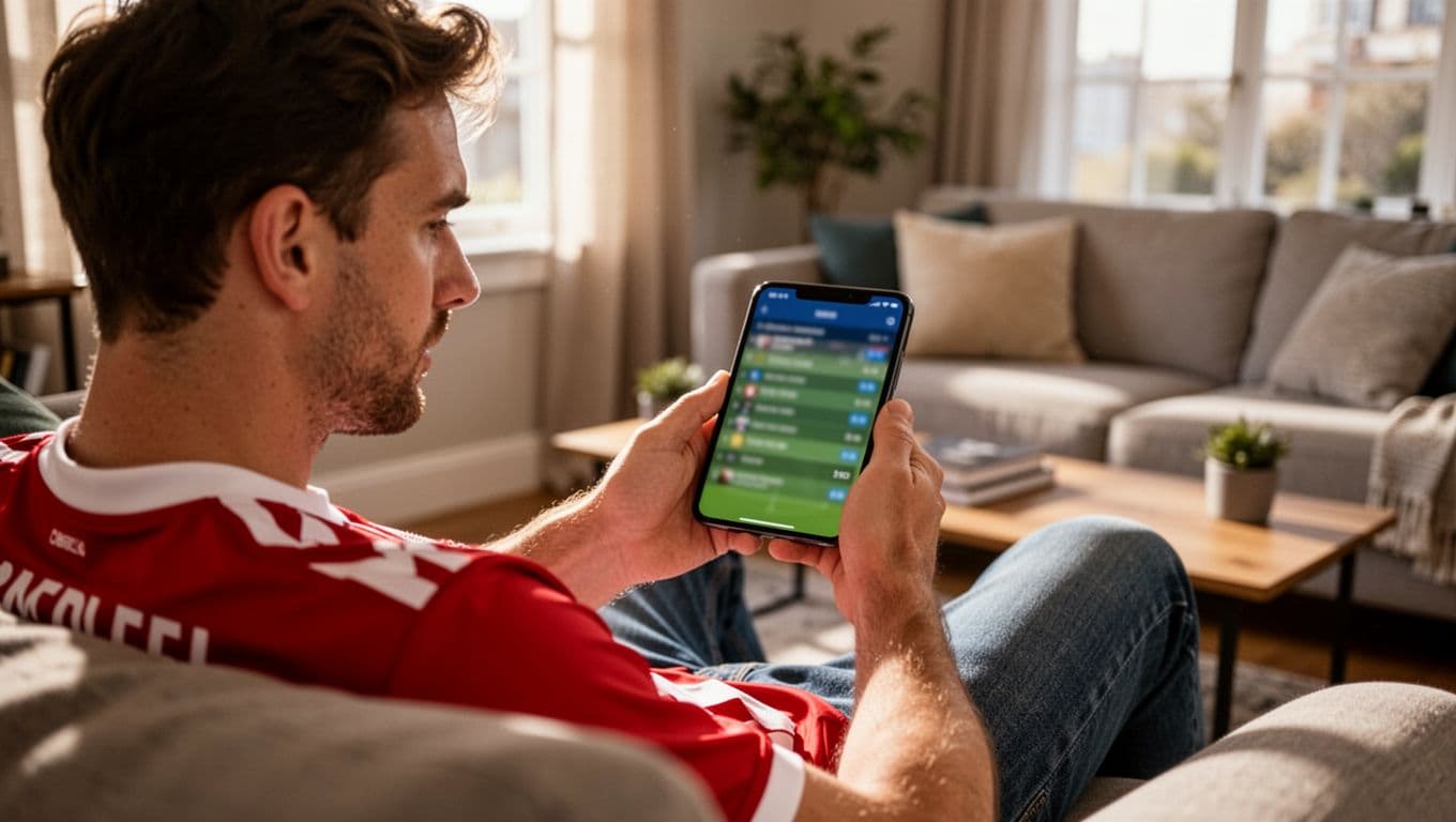 A relaxed person checks a football match schedule on a smartphone in a naturally lit room.