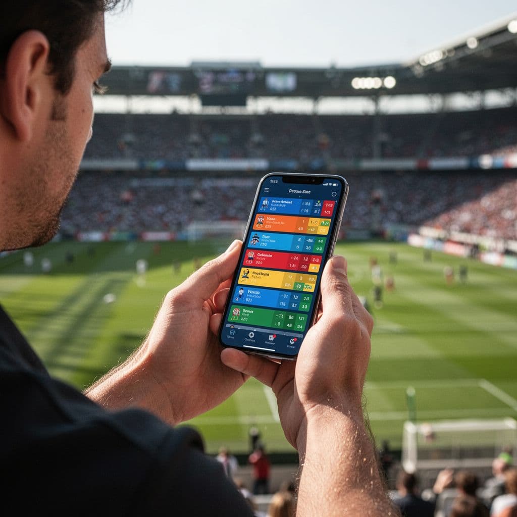 Close-up of person holding smartphone showing sports scores app, blurred football stadium background.