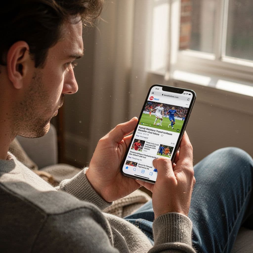 A close-up of a person reading sports news on their smartphone in a quiet room.